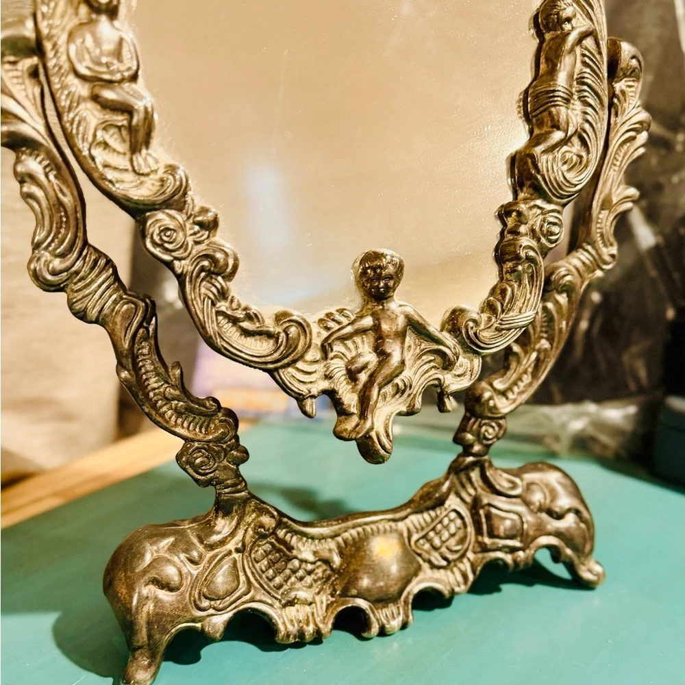 Vintage Ornate Tilting Vanity Mirror Cherub Rococo Silver Tone